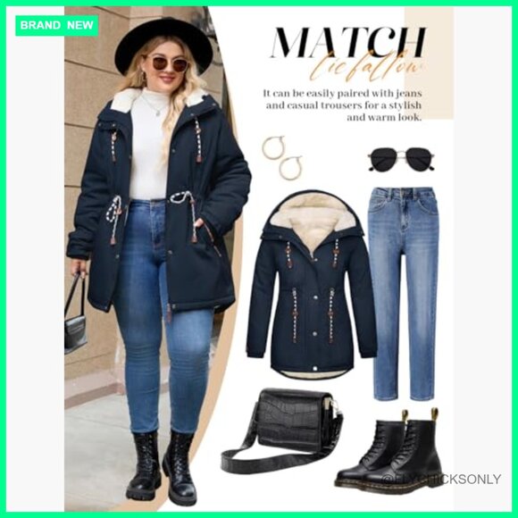 Plus Size Winter Parka Fleece Lined Down Jacket Hooded Puffer Coat - Picture 6 of 7